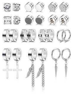 CASSIECA 13 Paare Magnet Ohrringe für Damen Herren CZ Magnet Ohrring Kreuz Feder Baumeln Fake Ohrringe, Silber von CASSIECA