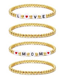 CASSIECA 14K Vergoldet Perlen Armbänder für Damen Brief Armbänder Ball Perlen Dehnbar Elastische Armband für Muttertag von CASSIECA