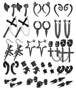 CASSIECA 16 Paar Edelstahl Punk Y2K Schwarz Ohrringe für Männer Axt Schädel Schraube Kegel Huggie Hoop Lange Kette Piercing Creolen Set für Unisex Ohrringe für Frauen Schmuck für Party Geburtstag von CASSIECA