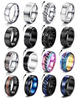 CASSIECA 16 Stück Edelstahl Ringe Herren Fidget Spinner Anti Angst Ringe Band Ketten Ringe Silber Schwarze Ehering Verlobungsringe Zappel Ring Geburtstag Geschenke für Herren Größe 54 von CASSIECA