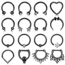 CASSIECA 16G Nasenpiercing Ring Edelstahl Septum Ringe Septum Piercing Clicker Hufeisennase Hoop Ringe CZ Knorpel Helix Tragus Daith Ohrringe Conch Piercing Ohr Schwarz Nase Piercing von CASSIECA