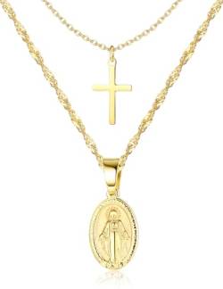 CASSIECA 2 Stück Kette Layered Damen Katholische Gold Halskette Singapurkette mit Anhänger Holy Mary Medaillon Medaille & Kreuz Religiöses Amulett Kommunion für Frauen Mädchen von CASSIECA