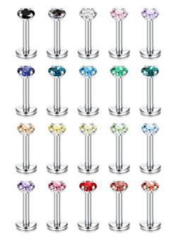 CASSIECA 20Pcs 16G Hypoallergener Edelstahl Lip Studs Labret Piercing mit 3mm CZ Knorpel Tragus Helix Monroe Piercing Stud Schmuck Zircon Coloré 6mm von CASSIECA