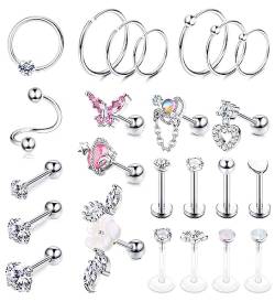 CASSIECA 24 Stück 16G Piercing Ohr Set Silber Helix Tragus Piercing Ohrringe für Frauen Chirurgenstahl Ohrringe Piercing Schmetterling Blume Ohr Piercing Ohrringe Ohrstecker Knorpel Ohrringe von CASSIECA