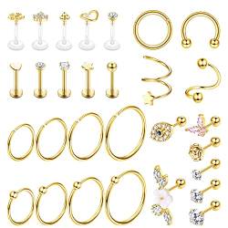 CASSIECA 29Pcs 16G Knorpelohrstecker Ohrstecker für Damen Herren Edelstahl CZ Labret Helix Piercing Tragus Ohrstecker Forward Conch Piercing Schmuck Set Gold von CASSIECA