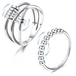 CASSIECA 2PCS 925 Sterling Silber Angst Spinnerei Ring mit Perlen für Damen Fidget Ringe für Angst Zappelringe für Angst Dünne Stapelbare Ringe Retro Band Ringe Ängstlichkeit Entlastung von CASSIECA