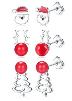 CASSIECA 3 Paar 925 Sterling Silber Ohrringe Weihnachten für Damen Mädchen Weihnachtsbaum Ohrringe Kranz Weihnachten Ohrringe Klein Ohrstecker Weihnachten Geschenke für Frauen Mädchen Kinder von CASSIECA