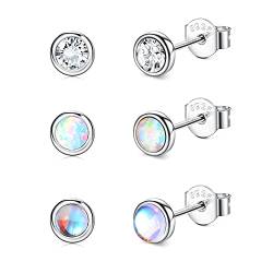 CASSIECA 3 Paar 925 Sterling Silber Ohrstecker für Damen Mädchen Kinder Mondstein Ohrringe Opal Zirkonia Ohrringe Winzig klein Ohrringe Set Hypoallergen Ohrringe CZ Piercing Schmuck Geschenk Größe 4mm von CASSIECA