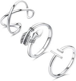 CASSIECA 3 Stück 925 Sterling Silber Offener Ringe Verstellbare Fingerring Set Damen Frauen Vorsteckring X Kreuz Pfeil Ringe Zarter Stapelbarer Ring Midi Ringe Mode Minimalistischer Ringe von CASSIECA