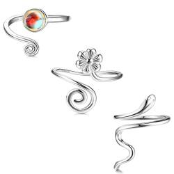 CASSIECA 3 Stück 925 Sterling Silber Offener Ringe Verstellbare Zehenringe Mode Minimalistischer Ring Toe Ring Schlangen Blume Mondstein Ring Strand Fußschmuck Geschenke für Damen Mädchen Schmuck von CASSIECA