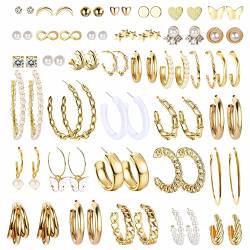 CASSIECA 36 Paar Gold Perlen Ohrringe Set für Damen Mädchen Mode Kettenglied Creolen Ohrstecker Tropfen Ohrringe Boho Statement Acryl Creolen Hypoallergen Ohrringe Geburtstagsfeier Schmuck Geschenk von CASSIECA