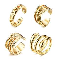 CASSIECA 4 Stück Klobige Ringe für Damen Herren Öffnen Dick Verdrehte Stapeln Band Ringe Einstellbar Modisch Minimalistisch Statement-Ring Gold von CASSIECA