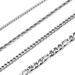 CASSIECA 4PCS Edelstahl Kette Halskette für Männer Frauen Silber Seilkette für Anhänger Kubanische Gliederkette Figaro Rolo Halskette Set (46cm) von CASSIECA