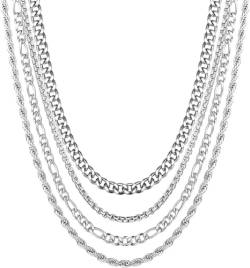 CASSIECA 4PCS Edelstahl Kette Halskette für Männer Frauen Silber Seilkette für Anhänger Kubanische Gliederkette Figaro Rolo Halskette Set von CASSIECA