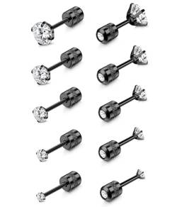 CASSIECA 5 Paar Ohrringe Herren Edelstahl Screwback Ohrstecker Set Cubic Zirkonia Knorpel Ohrringe Hypoallergen Medizinische Ohrstecker 2-6mm von CASSIECA