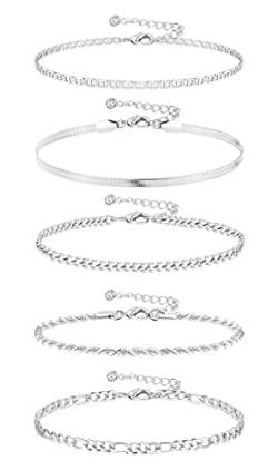 CASSIECA 5 Stücke Silber Fußkettchen für Damen Boho Fussketten für Frauen Mädchen Strand Knöchel Mehrschichtige Armbänder Boho Knöchel Ketten Verstellbare Sommer Strand Fußschmuck-1 von CASSIECA