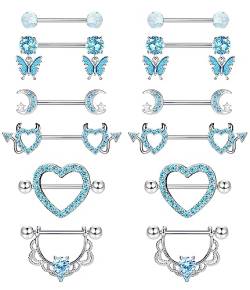 CASSIECA 6 Paar 14G Nippelpiercing Chirurgenstahl Blau Brustwarzenpiercing Zungenpiercing Edelstahl Nippel Piercing Schmetterling Herz Barbell Piercing Körperschmuck Set für Frauen Mädchen von CASSIECA