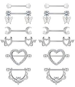 CASSIECA 6 Paar 14G Nippelpiercing Chirurgenstahl Silber Brustwarzenpiercing Zungenpiercing Edelstahl Nippel Piercing Schmetterling Herz Barbell Piercing Körperschmuck Set für Frauen Mädchen von CASSIECA