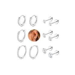 CASSIECA 6 Paar Edelstahl Ohrringe Set Cubic Zirkonia Runde Ohrstecker Hypoallergene Knorpel Huggie Hoop Ohrringe für Damen Herren von CASSIECA