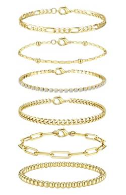 CASSIECA 6 Stück Armband Damen Gold Silber Armbänder Set Verstellbare Stapelbare Kettenarmband Kubanische Figaro Armband von CASSIECA