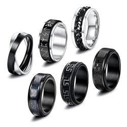 CASSIECA 6 Stück Edelstahl Ringe für Männer Damen Silber Noir Flaschenöffner Ringe Schwarz Matt Finish Poliert Fidget Spinner Band Ringe Ketten Ringe Coole Kette Welle Kreuz von CASSIECA