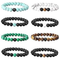 CASSIECA 8 STÜCKE Naturstein Armbänder für Herren Damen Echter Türkis Armband Tigerauge Weiße Kiefer Armband Set Einstellbare Elastisch 8mm von CASSIECA