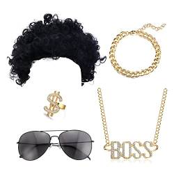 CASSIECA 80s/90s 5 Stück Hippie Kostüm Zubehör Hip Hop Kostüm Set Rapper Zubehör Sonnenbrille Hippie Kostüm Zubehör afro perücke Hippie Kostüm Herren Jahre Hippie Mottoparty von CASSIECA