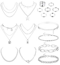 CASSIECA Silber Schmuck Sets für Frauen 17 Stück Chmuckset für Teenager-Mädchen mit Halsketten Armbändern Ringen Schmuckpaketen für ihren Geburtstag Weihnachten Valentinstag Frauengeschenke von CASSIECA
