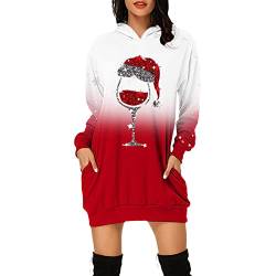 CAUYDY Hoodie Kleid Damen Mit Kapuze Baumwolle Langarm Oversize Weihnachten Rotweinglas Muster Santa Weihnachtspullover Komfortabel Minikleid Winter Pulli Partykleid Faschingskleid von CAUYDY