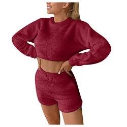 Hausanzug Damen Sexy Set von Damen Sexy Flauschige Plüsch Warm Kapuze Strickjacke Weiche Mantel Shorts Crop Top Damen Trainingsanzug Outfit Damen Winter 3 Stücke Sport Anzug Fleece Plüsch Strickjacke von CAUYDY