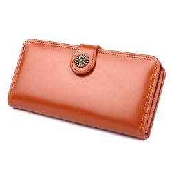 CCAFRET Damen Geldbörse New Oil Wax Leather Women Wallets Multi-Card Slot Long Wallets for Women Luxury Retro Buckle Two-fold Card Holder (Color : Orange) von CCAFRET
