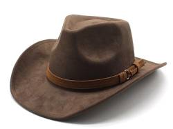 CCAKXCJJ Unisex Westernhut Cowboy-Cowgirl-Hut aus Wildleder, klassischer Fedora-Hut mit breiter Krempe, für Damen und Herren, Braun, M von CCAKXCJJ