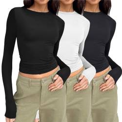 3PC/1PC Y2K Slim Fit Oberteile Casual Rundhals Langarmshirt Tunika Damen Basic T-Shirt Crop Top Tee Shirt Damen Long Sleeve Shirt 3 Stück Rundhals Cropped Tee Casual Teenager Streetwear y2k top von CCOOfhhc