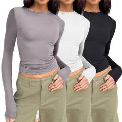 3PC/1PC Y2K Slim Fit Oberteile Casual Rundhals Langarmshirt Tunika Damen Basic T-Shirt Crop Top Tee Shirt Damen Long Sleeve Shirt 3 Stück Rundhals Cropped Tee Casual Teenager Streetwear y2k top von CCOOfhhc