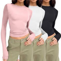 3PC/1PC Y2K Slim Fit Oberteile Casual Rundhals Langarmshirt Tunika Damen Basic T-Shirt Crop Top Tee Shirt Damen Long Sleeve Shirt 3 Stück Rundhals Cropped Tee Casual Teenager Streetwear y2k top von CCOOfhhc