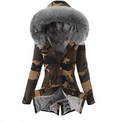 CCOOfhhc Damenjacke mit Kapuze Übergang Winterparka Lang Wintermantel Reißverschluss Gefütterter Winter Warm Winterjacke Mantel Atmungsaktiv Leicht Übergangsjacke Parka Camouflage von CCOOfhhc