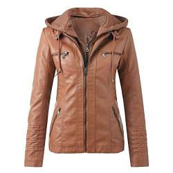 CCOOfhhc Lederjacke Mit Kapuze Damen Herbst Winter Motorrad Jacke Bomberjacke Bikerjacke mit Reißverschluss Abnehmbare Kapuzen Übergangsjacke Kunstleder Jacken Große Größen von CCOOfhhc