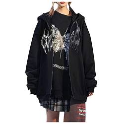 CCOOfhhc Y2k Jacke Damen Langarm Oversize Sweatjacke Hooded Full Zip Sportjacke Hoodie Frühling Gothic Skellet Drucken Kapuzenpulli Retro Streetwear Y2K E-Girl Sweatshirt Sweatjacke von CCOOfhhc