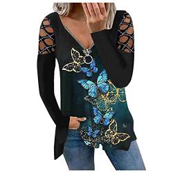 Damen Blusen Reißverschluss V-Ausschnitt T-Shirt Tops Elegante Langarm Oberteil Shirt Tunika Bluse Tuniken Langarmshirt Blumendruck Lose Shirt Top Große Größen Lässige Blusentops von CCOOfhhc