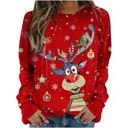 Damen Weihnachtspullover Elegant Lustig Elch Gedruckt Langarm Rundhalsausschnitt Weihnachtspulli Ugly Christmas Sweater 3D Druck Teenager Mädchen Christmas Sweatshirt von CCOOfhhc