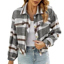 Hemdjacke Damen Kurz Karierte Bluse Karohemd Langarmshirt Casual Vintage Kurzjacke Boyfriend Hemd Oberteile Button Down Hemdbluse Plaid Shirt Top von CCOOfhhc