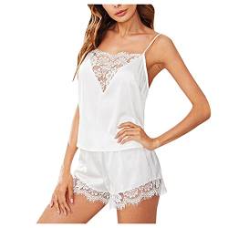 Satin Hausanzug Damen Satin Sommer Schlafanzug Pyjama 2-Teilig kurzer Nachtwäsche Einfarbig Verstellbaren Trägern Hausanzug Sexy V-Ausschnitt Reizwäsche Sleepwear Hose und Tops Elegant Negligee von CCOOfhhc