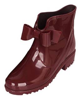 Damen Gummistiefelette Kurze Gummistiefel Reitstiefelette Regenstiefelette, Bogenknoten Weinrot, Gr.- 39 EU/ Etikettengröße- 40 von CCZZ