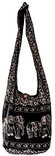 CCcollections Sling Bag Baumwolle – Große Boho Hippie Hobo Handtasche – 40 Drucke – Unisex Umhängetasche (Black ELEPHANT) von CCcollections