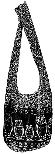 CCcollections Sling Bag Baumwolle – Große Boho Hippie Hobo Handtasche – 40 Drucke – Unisex Umhängetasche (Black OWL) von CCcollections
