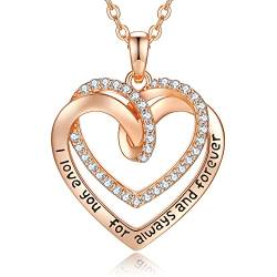 CDE Damen Halskette 925 Sterling Sliver Elegante Doppel Herz Anhänger Kette Damen Schmuck in Roségold, Geschenke für Weihnachten Muttertag Geburtstag Valentinstag, Schmuck für Frau Mutter Freundin von CDE