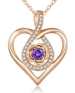 CDE EternalRose Halskette 925 Sterling Silber Schmuck Birthstone Kette Damen Herzkette Geburtsstein Herz Anhänger Weihnachten Valentinstag Hochzeit Jubiläum Geburtstag Freundin (Roségold-02-Febru) von CDE