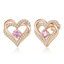 CDE Ohrringe für Damen 925 Sterling Silber Rosegold Geschenk für Sie Forever Love Herz Geburtsstein Frauen Ohrstecker Schmuck Valentinstag Weihnachten Muttertag Geburtstags Hochzeits Jubiläum von CDE