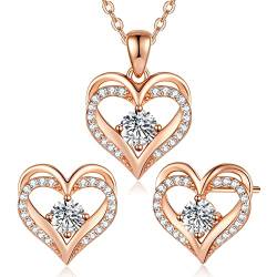 CDE Schmuckset Damen Muttertagsgeschenk 925 Sterling Silber Forever Love Herz Rosegold Geburtsstein Halskette und Ohrringe Set für Frauen Schmuck Geschenk Geburtstag Valentinstag Weihnachten von CDE