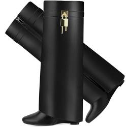 CDHYX Fold Over Boots for Women Pointy Pull-on Wedge Heel Knee Shark Boot With Side Zipper Padlock Design, Schwarz, 42.5 EU von CDHYX
